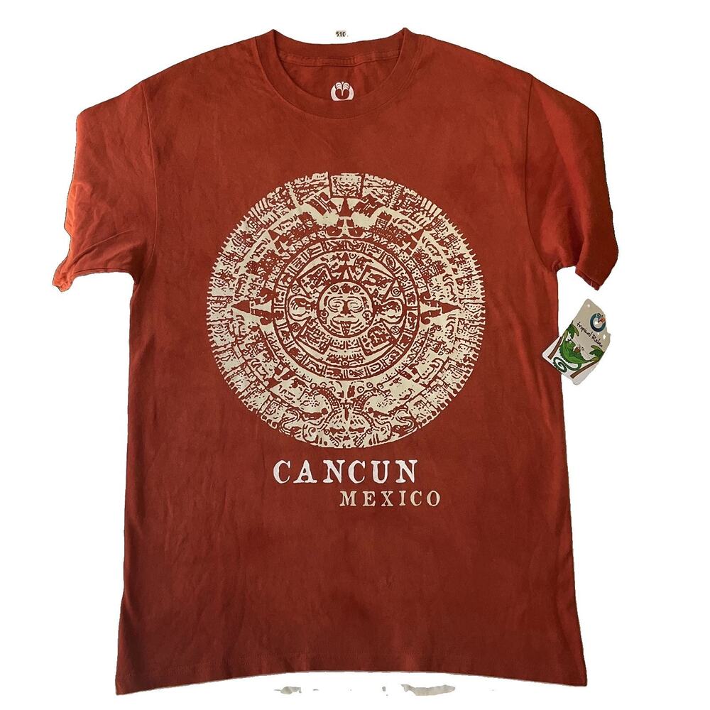 Tropical Relax Men Shirt M Red Graphic Print Aztec Calendar Tourist CancunMexico